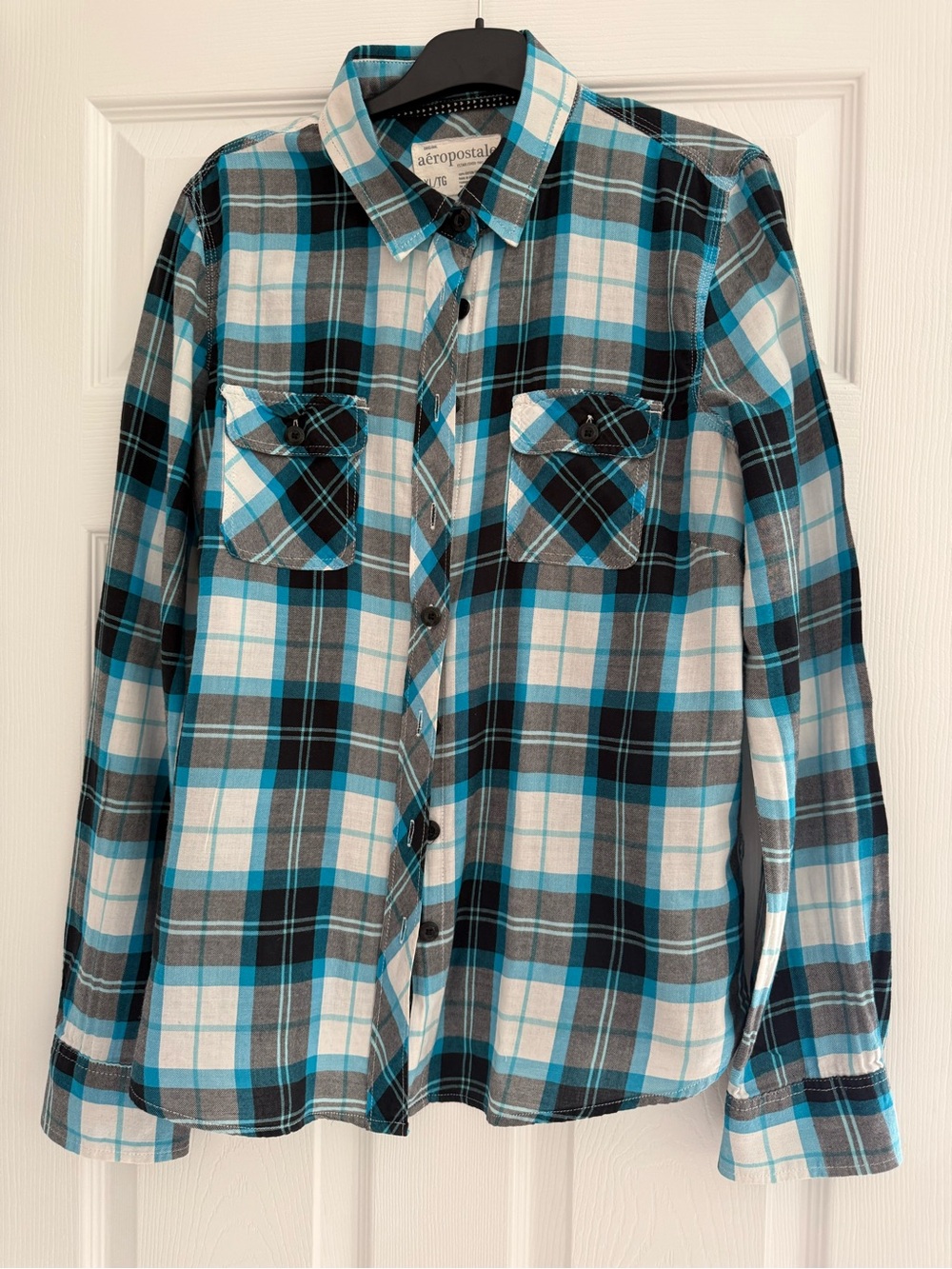 Aeropostale Teal Black Gray White Plaid Button-Down Shirt